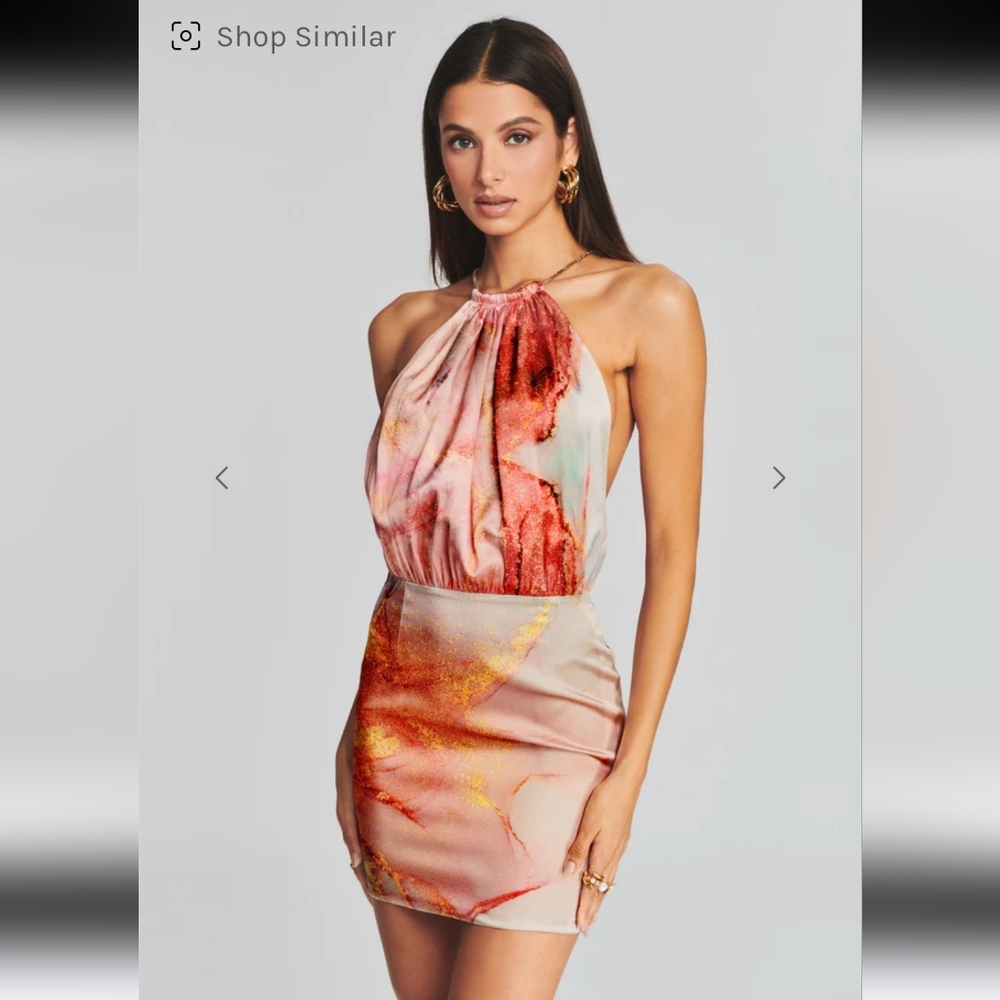 $415 Retrofete Anahita Silk Elegant Pink and Green Halter Dress with Rhi… - Picture 2 of 9